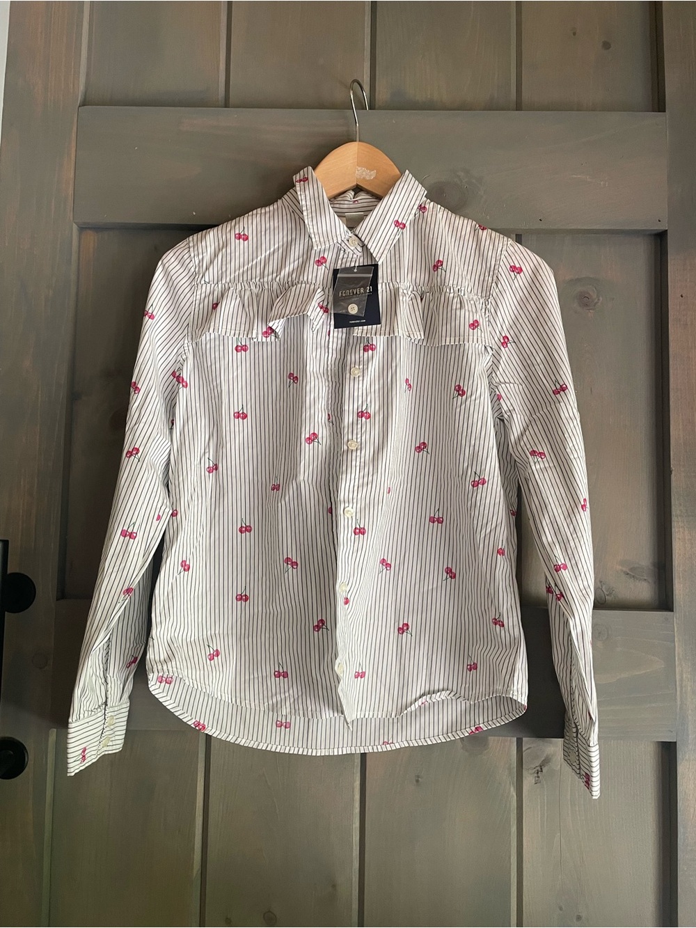 Forever 21 White PinStriped Button-Down Shirt with cherries 🍒